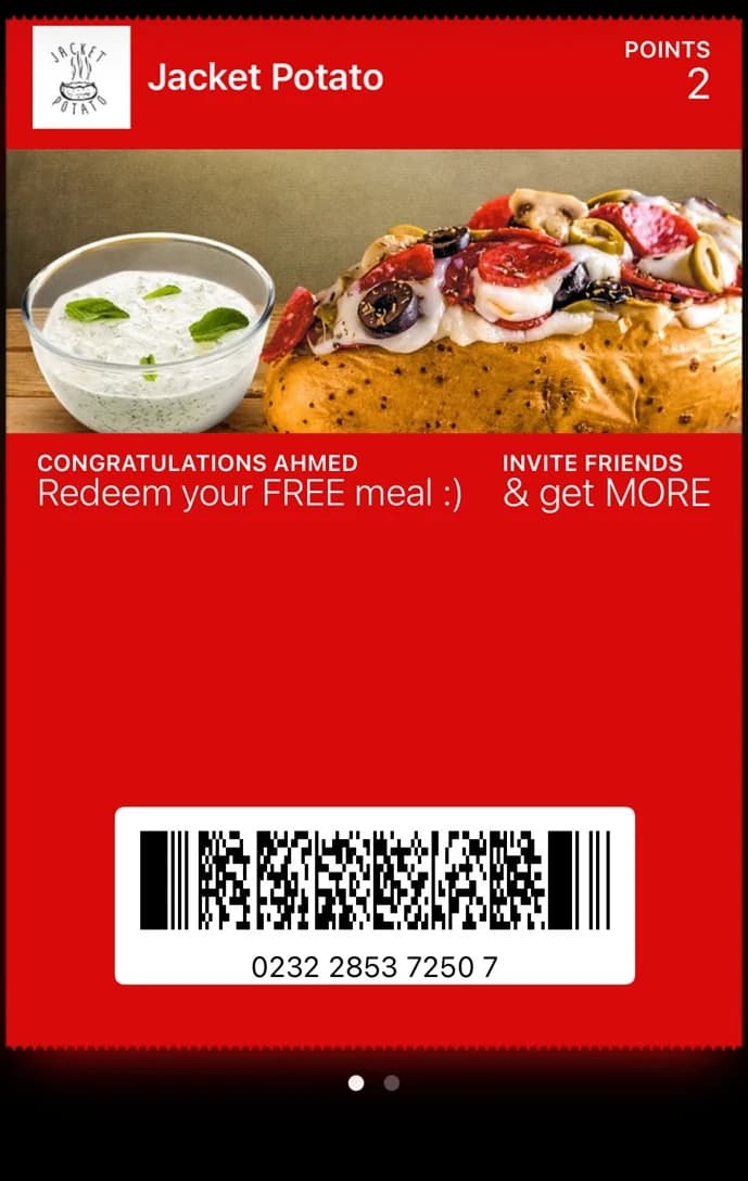 A reward coupon, redeemed by barcode at the counter.