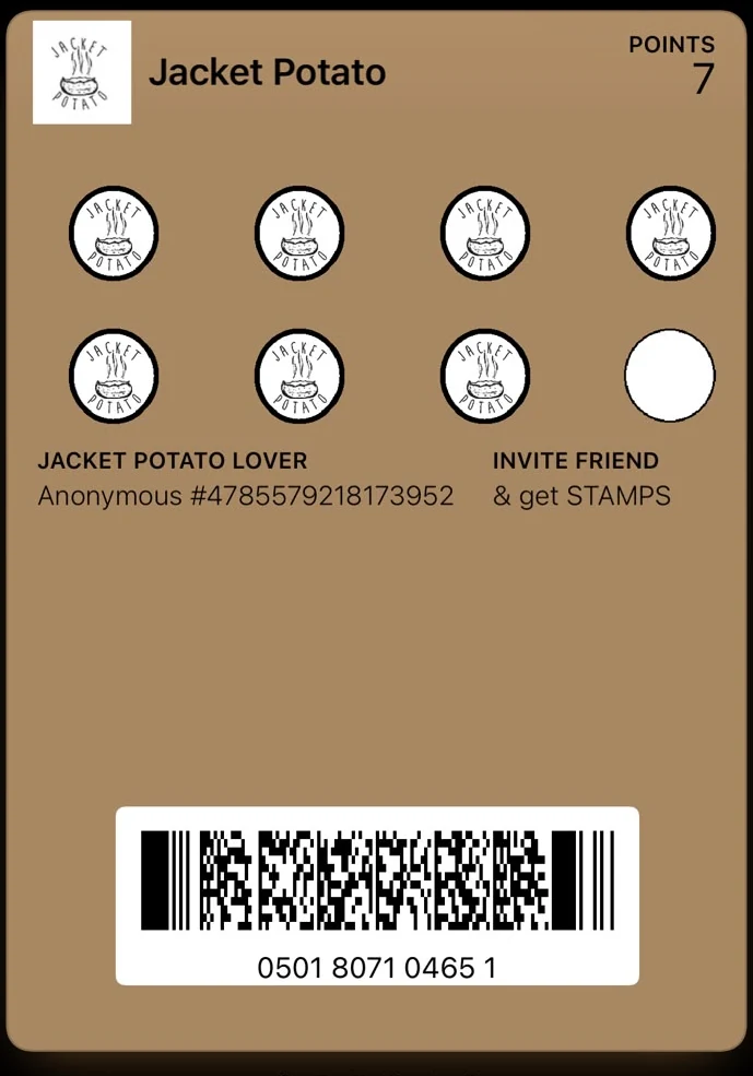 The Wallet loyalty stamp card — a free meal at the final stamp.